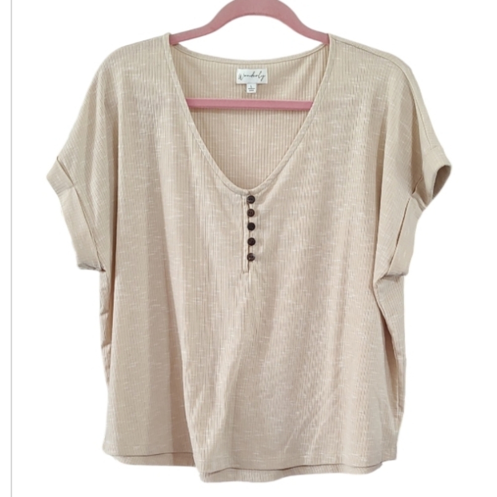 Wonderly Beige Short Sleeve Tee with Button Accents